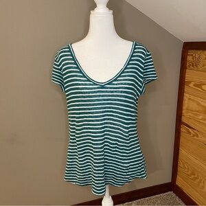 Paige Teal White Striped V-Neck Linen Short Sleeve Tee Extra Small